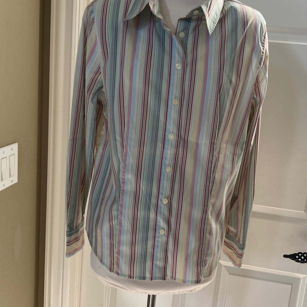 Attention Pastel Multi-Stripe Collared Shirt — Blue, Green, Red, Yellow, White